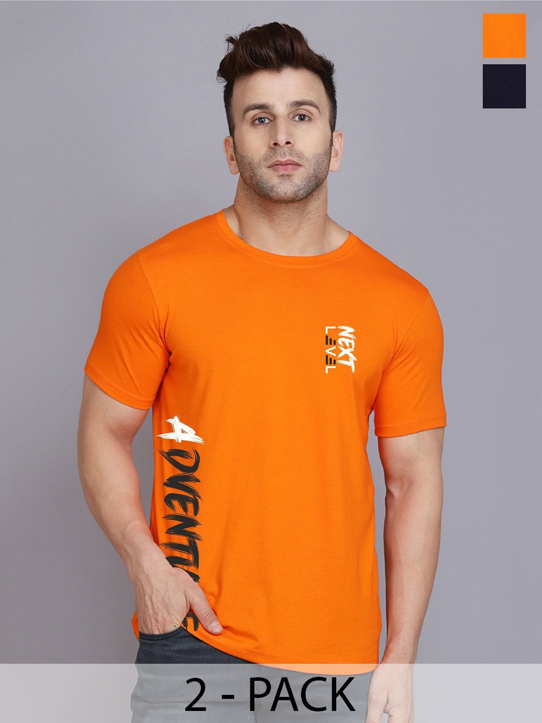 SLOWLORIS Men Pack Of 2 Typography Printed T-shirt, Orange