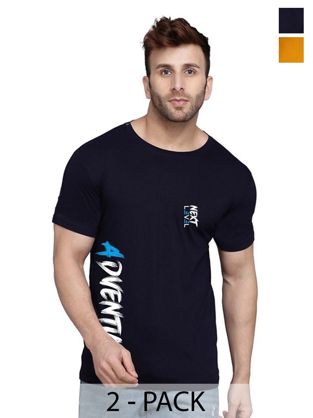 SLOWLORIS Men Pack of 2 Typography Printed T-shirt, Navy blue