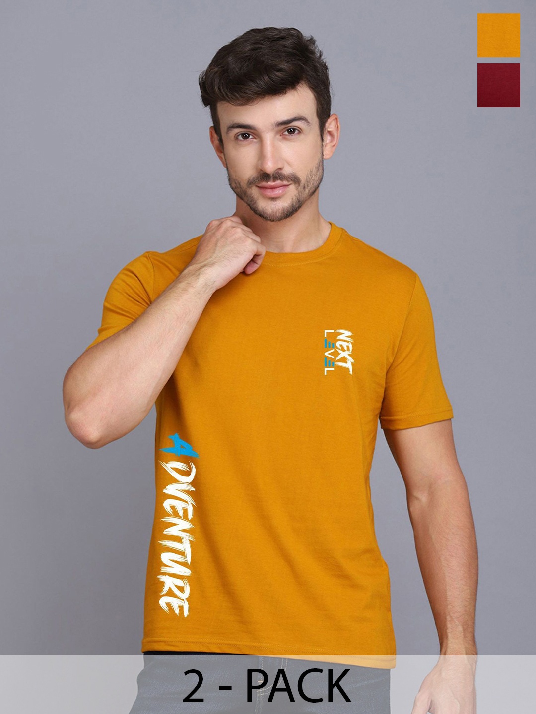 

SLOWLORIS Men Pack of 2 Typography Printed T-shirt, Mustard