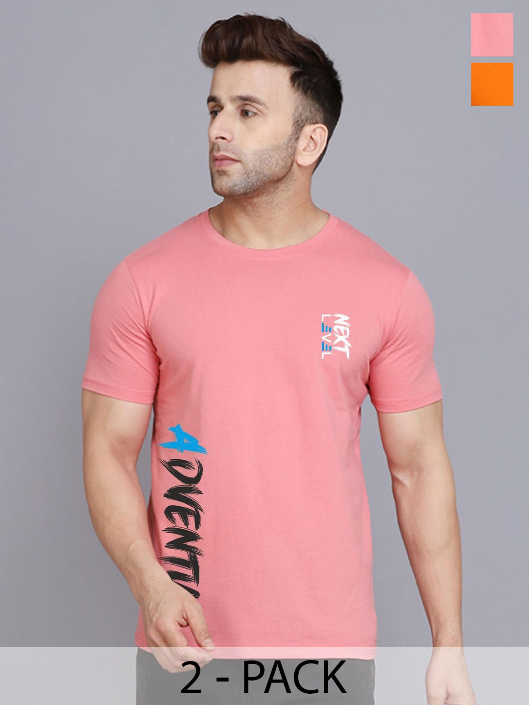 

SLOWLORIS Men Pack Of 2 Typography Printed T-shirt, Peach