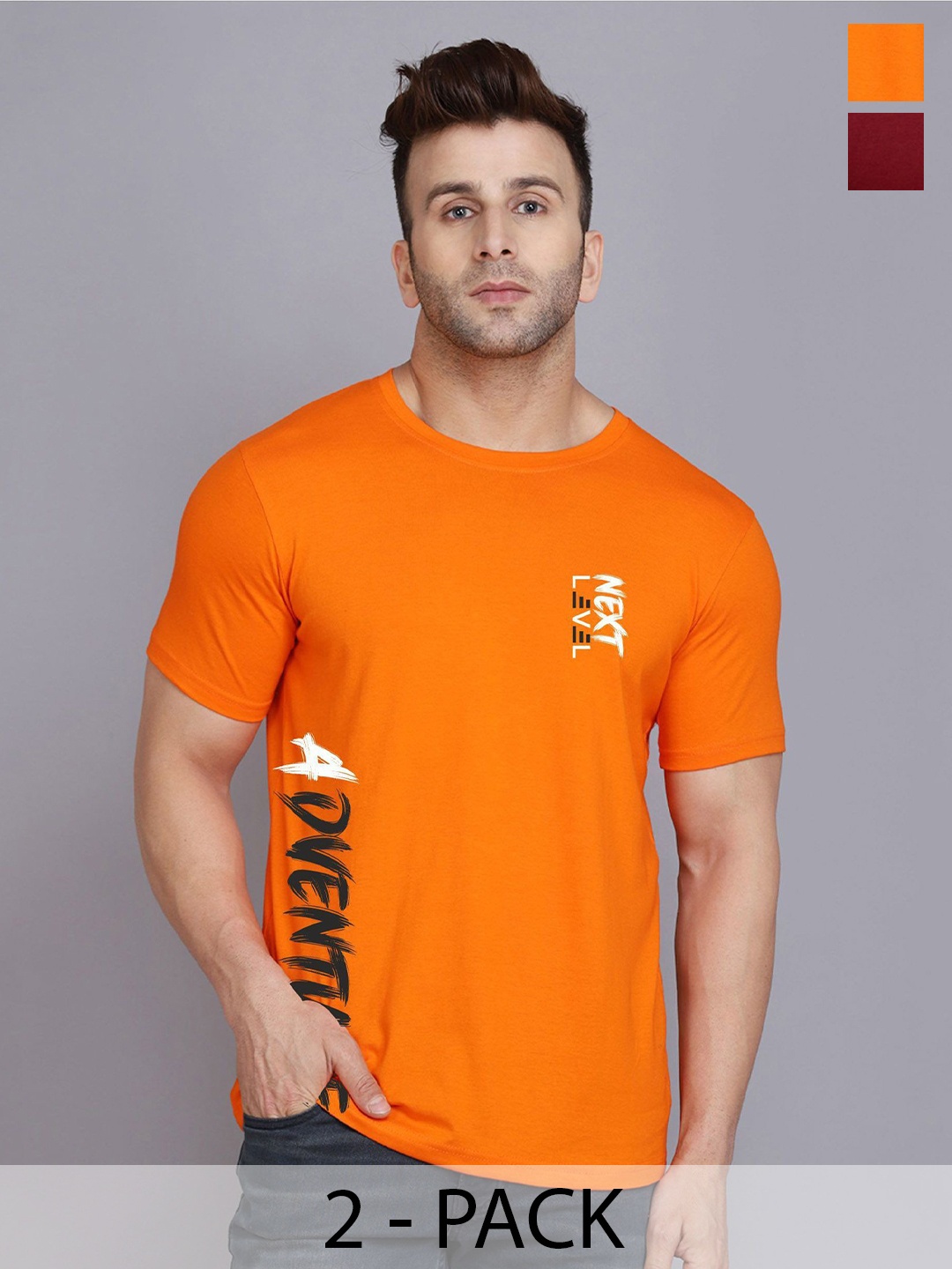 

SLOWLORIS Men Pack Of 2 Typography Printed T-shirt, Orange