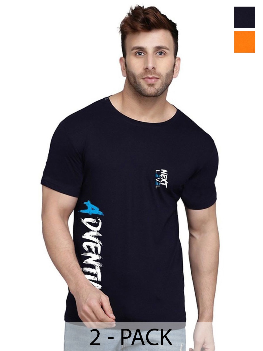 

SLOWLORIS Men Pack Of 2 Typography Printed T-shirt, Navy blue