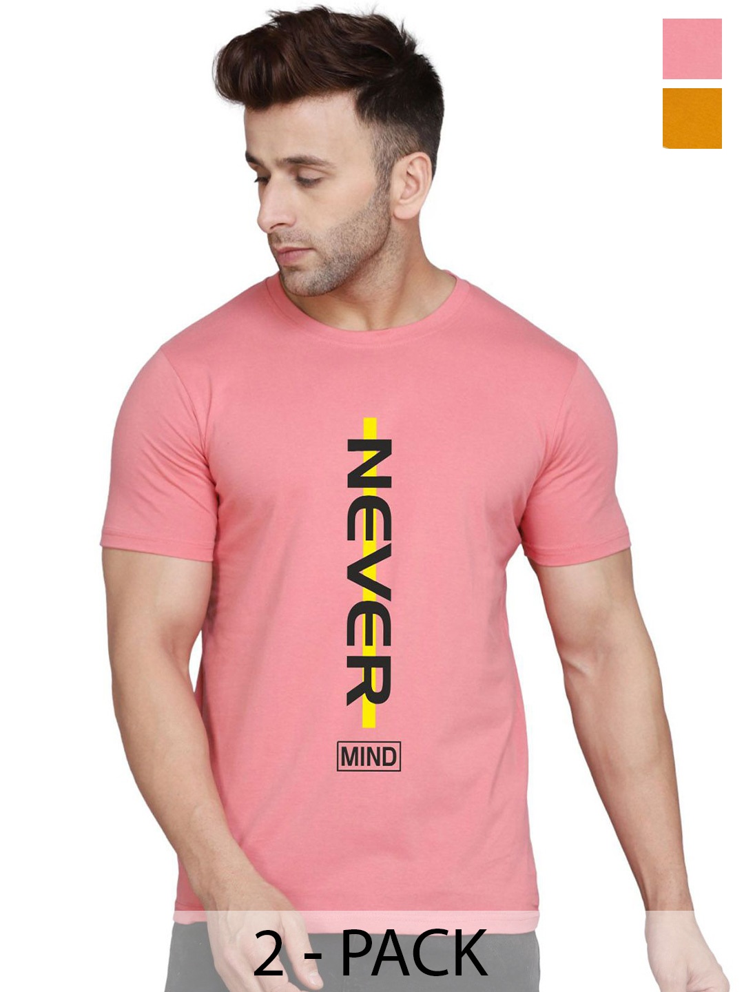 

SLOWLORIS Men Pack of 2 Typography Printed T-shirt, Mustard