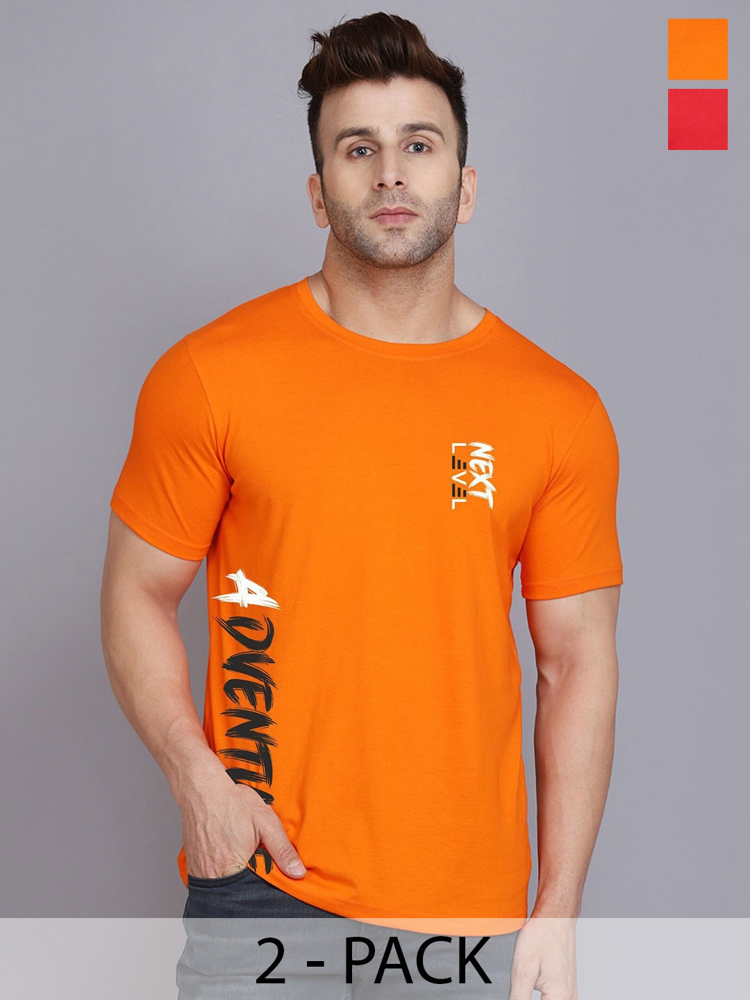 SLOWLORIS Men Pack of 2 Typography Printed T-shirt, Orange