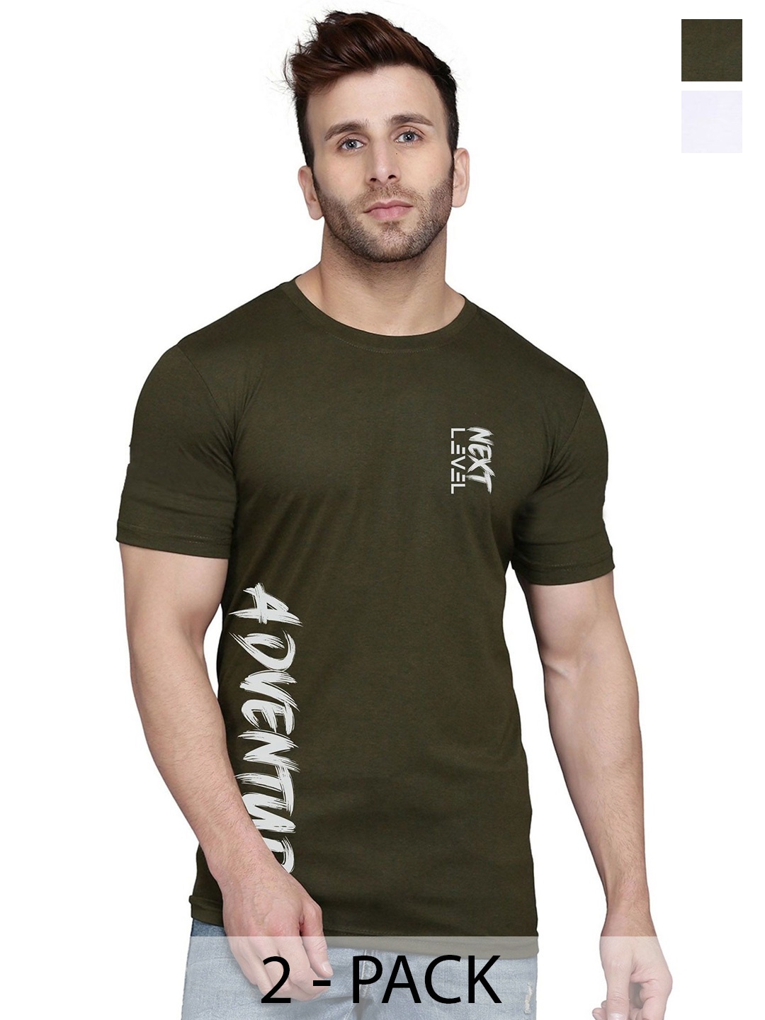 SLOWLORIS Men Pack Of 2 Typography Printed T-shirt, Olive