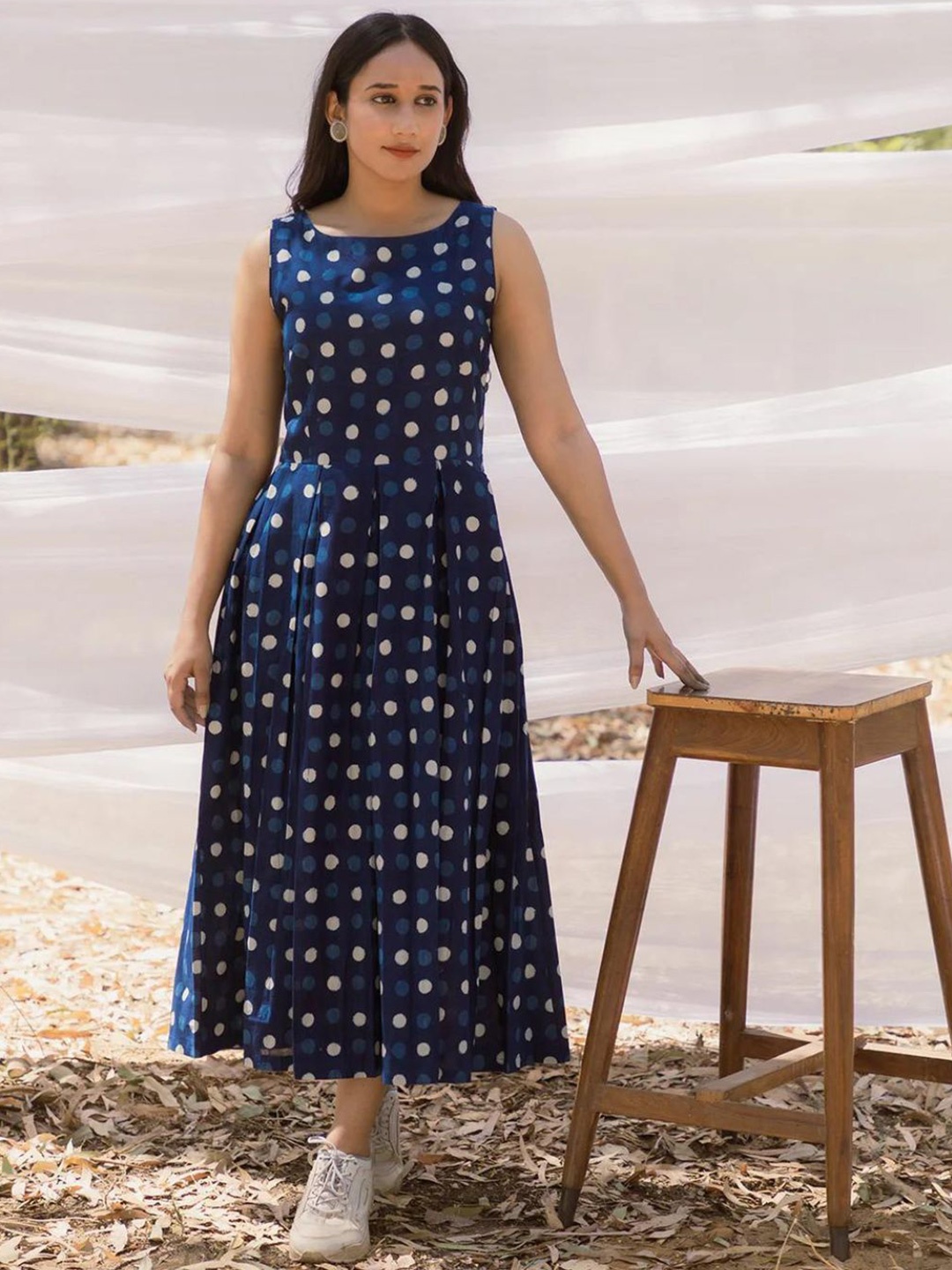 

Mera Rang Polka Dots Printed A-Line Midi Dress, Blue