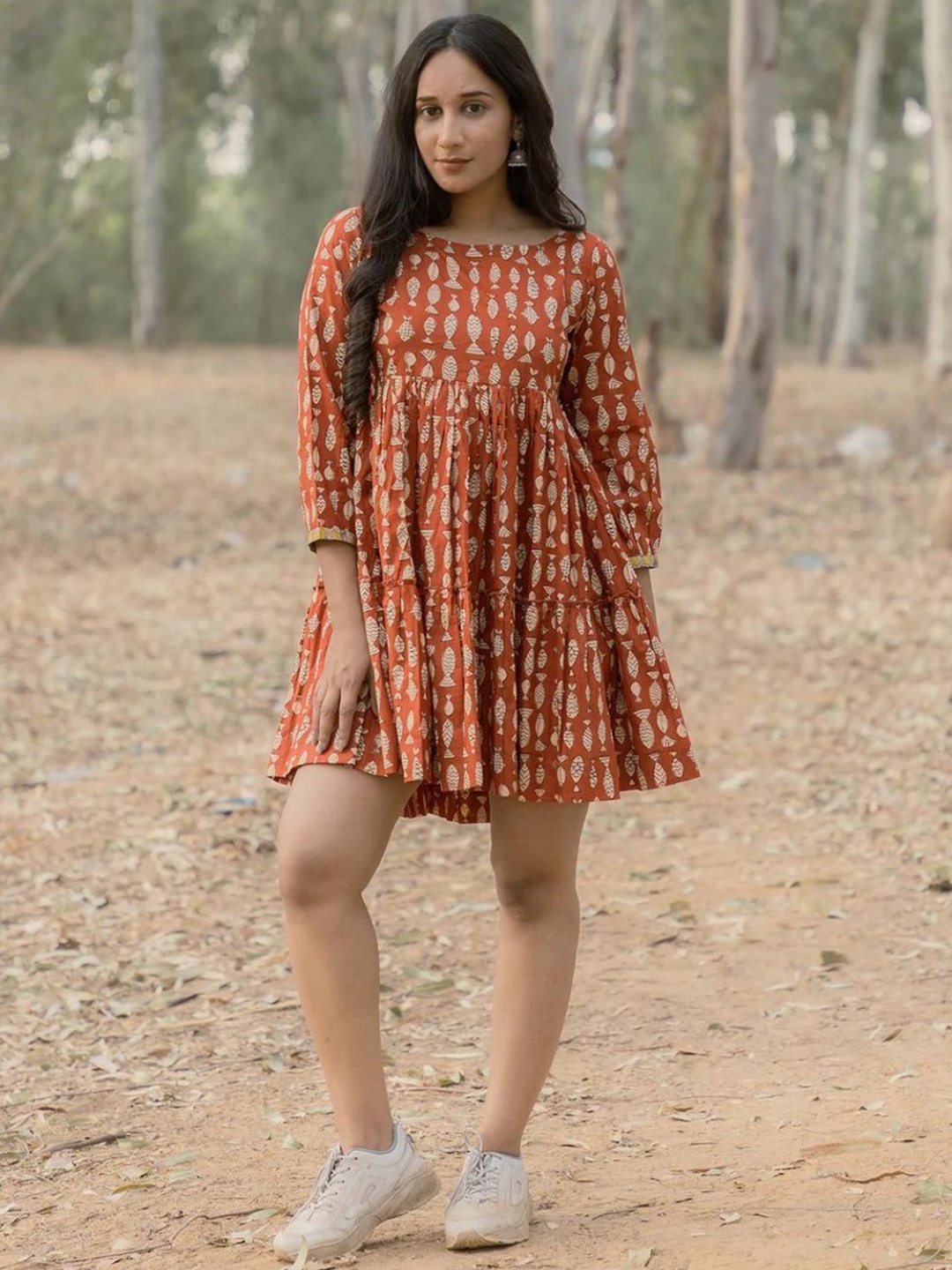 

Mera Rang Printed Cotton Flared Empire Dress, Rust
