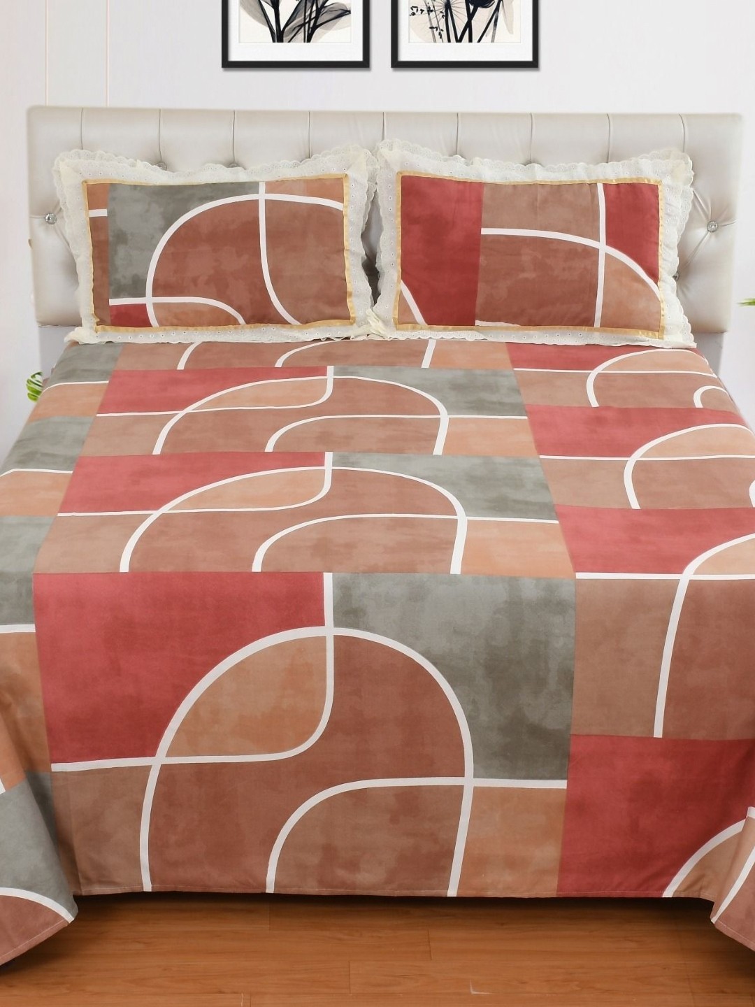 

Bromwick Unisex Abstract Printed 1 Piece Double Bedsheet with 2 Lace Pillow Covers, Red