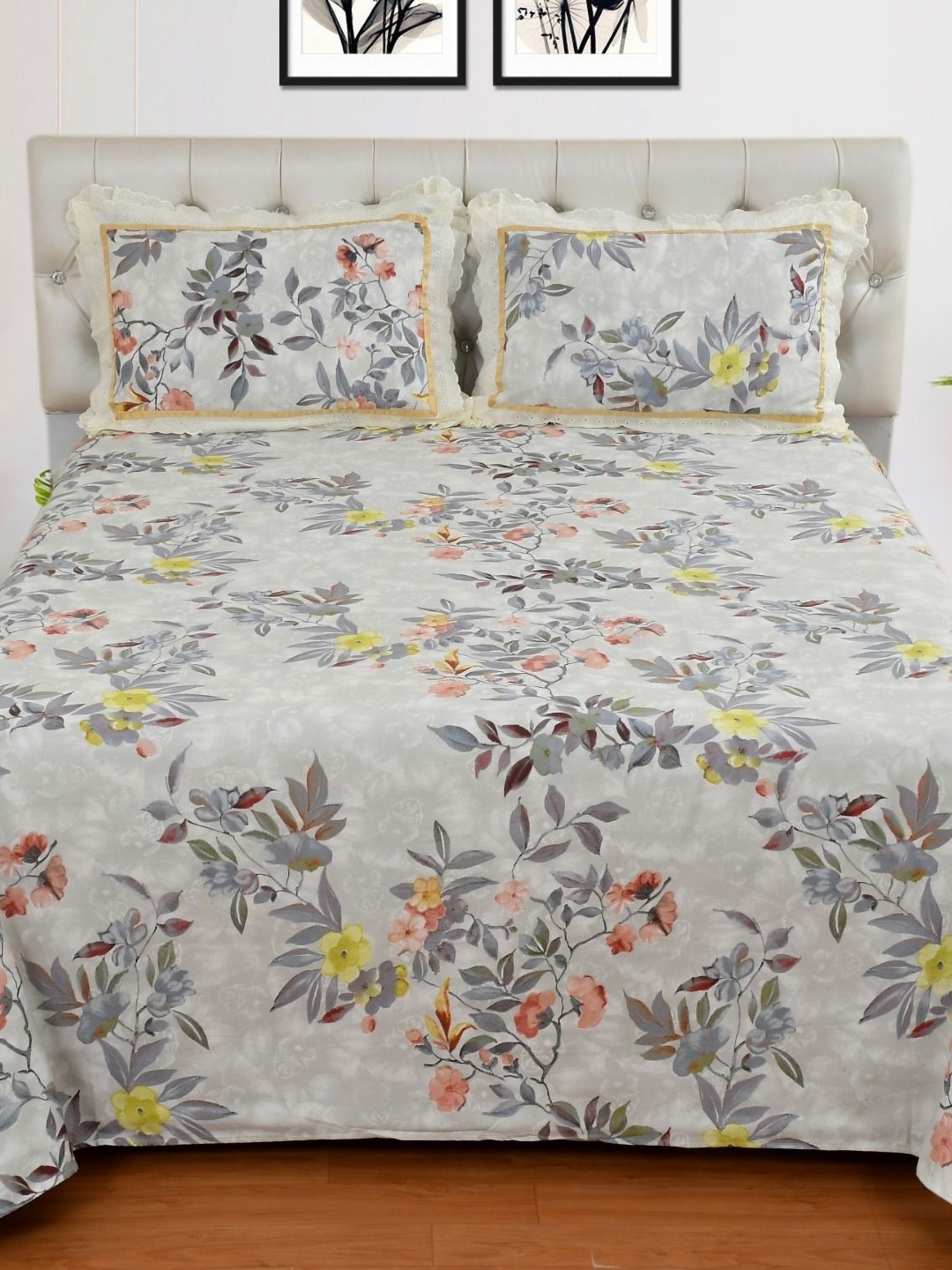 Bromwick Grey Floral Cotton 250 TC Double King Bedsheet Set-2.28 m x 2.54 m