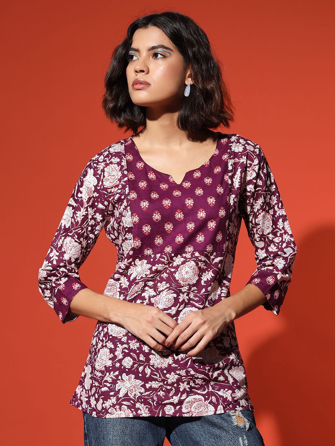 

The Dry State Floral Printed Round Notched Neck Top, Violet
