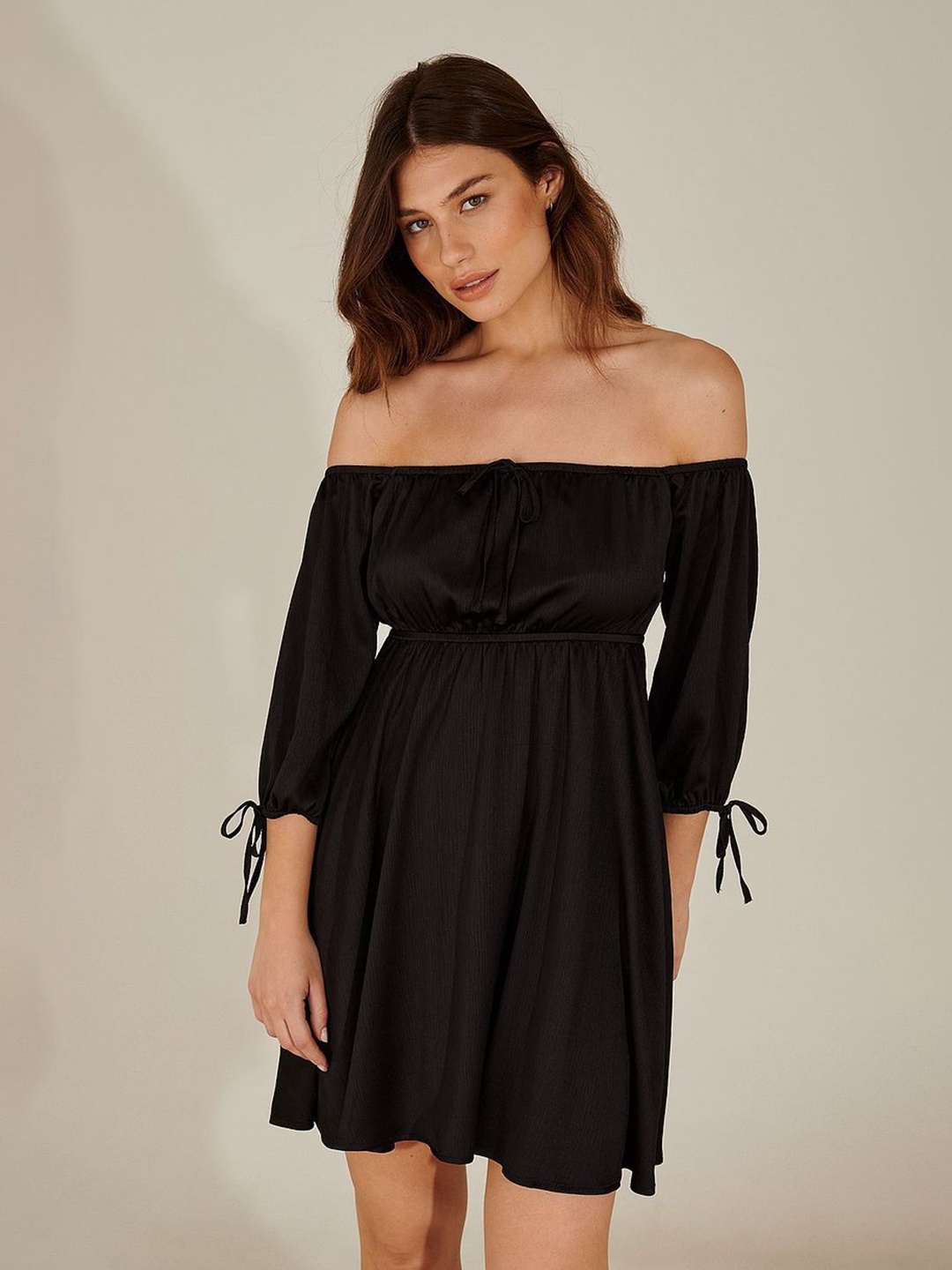 

TIRA Off-Shoulder Crepe Fit and Flare Dress, Black