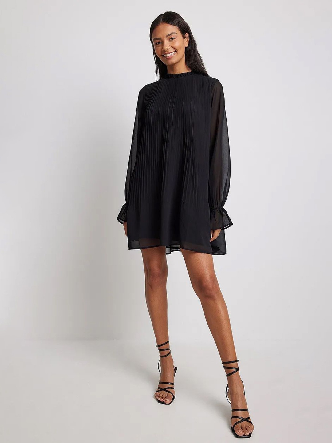 

TIRA High Neck Long Sleeves A-Line Mini Dress, Black