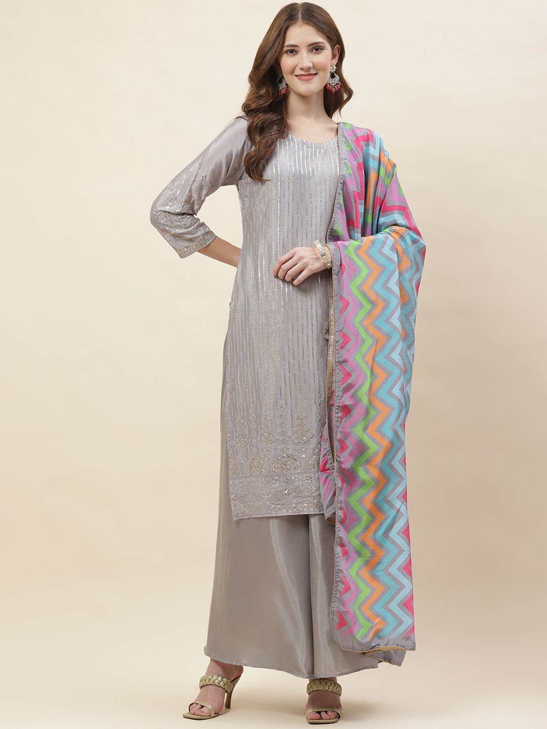 

Meena Bazaar Women Regular Kurta with Palazzos & Dupatta, Grey