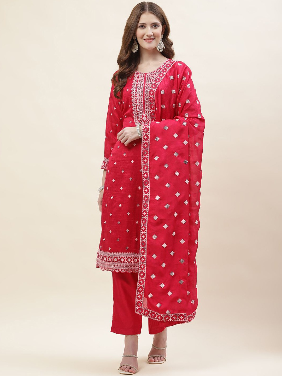 

Meena Bazaar Women Embroidered Thread Work Kurta with Trousers & With Dupatta, Pink