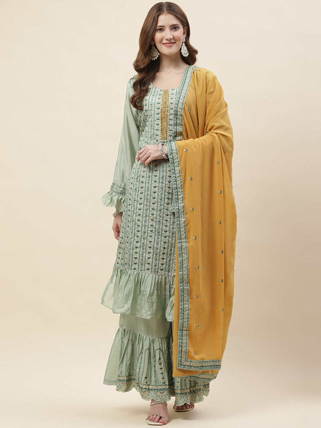

Meena Bazaar Women Floral Embroidered Regular Kurta with Sharara & With Dupatta, Green