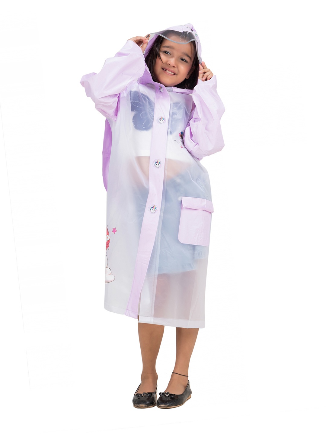 

Yellow Bee Girls Printed Hooded Rain Jacket, Purple
