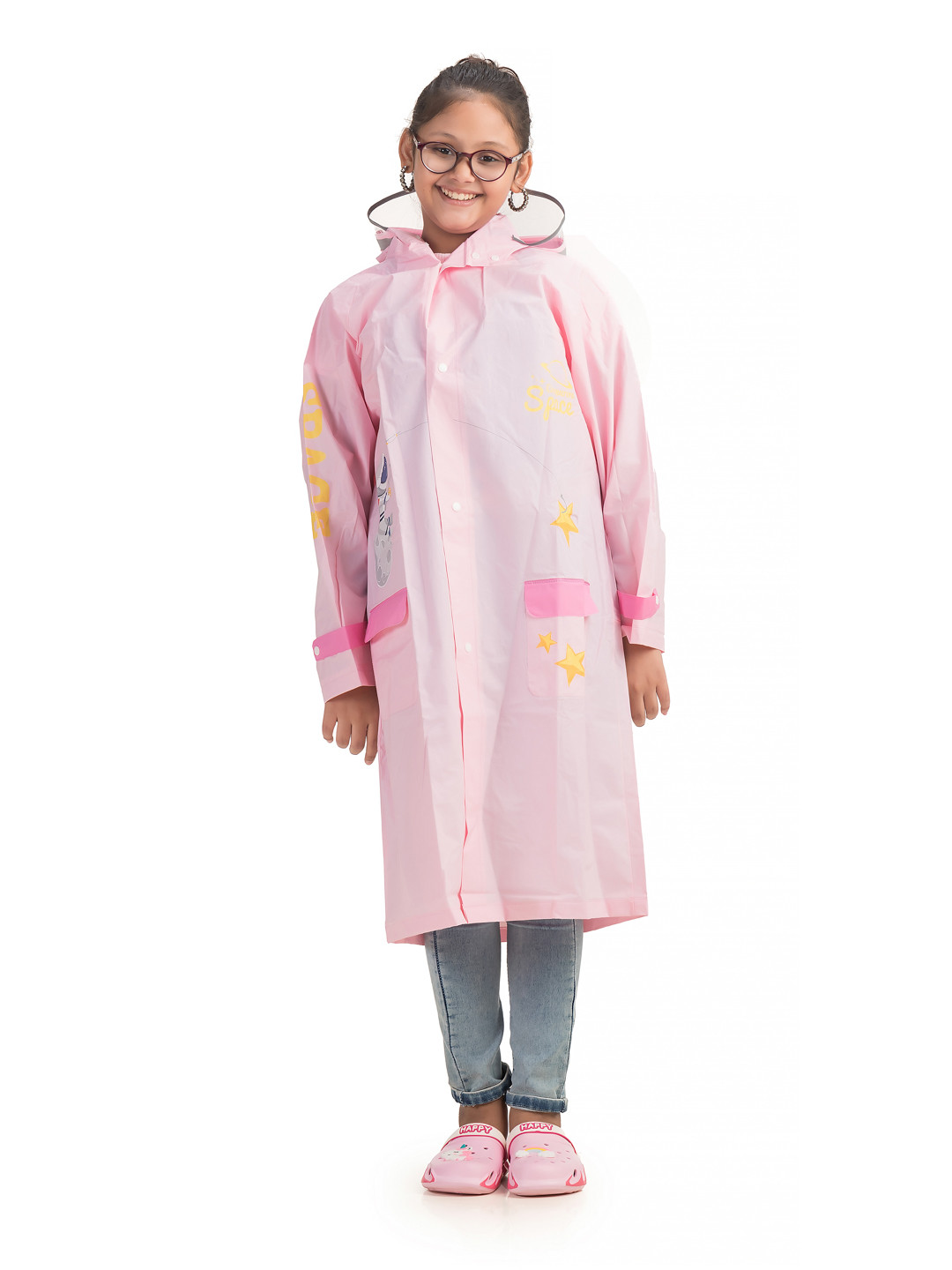 

Yellow Bee Girls Printed Hooded Rain Jacket, Pink