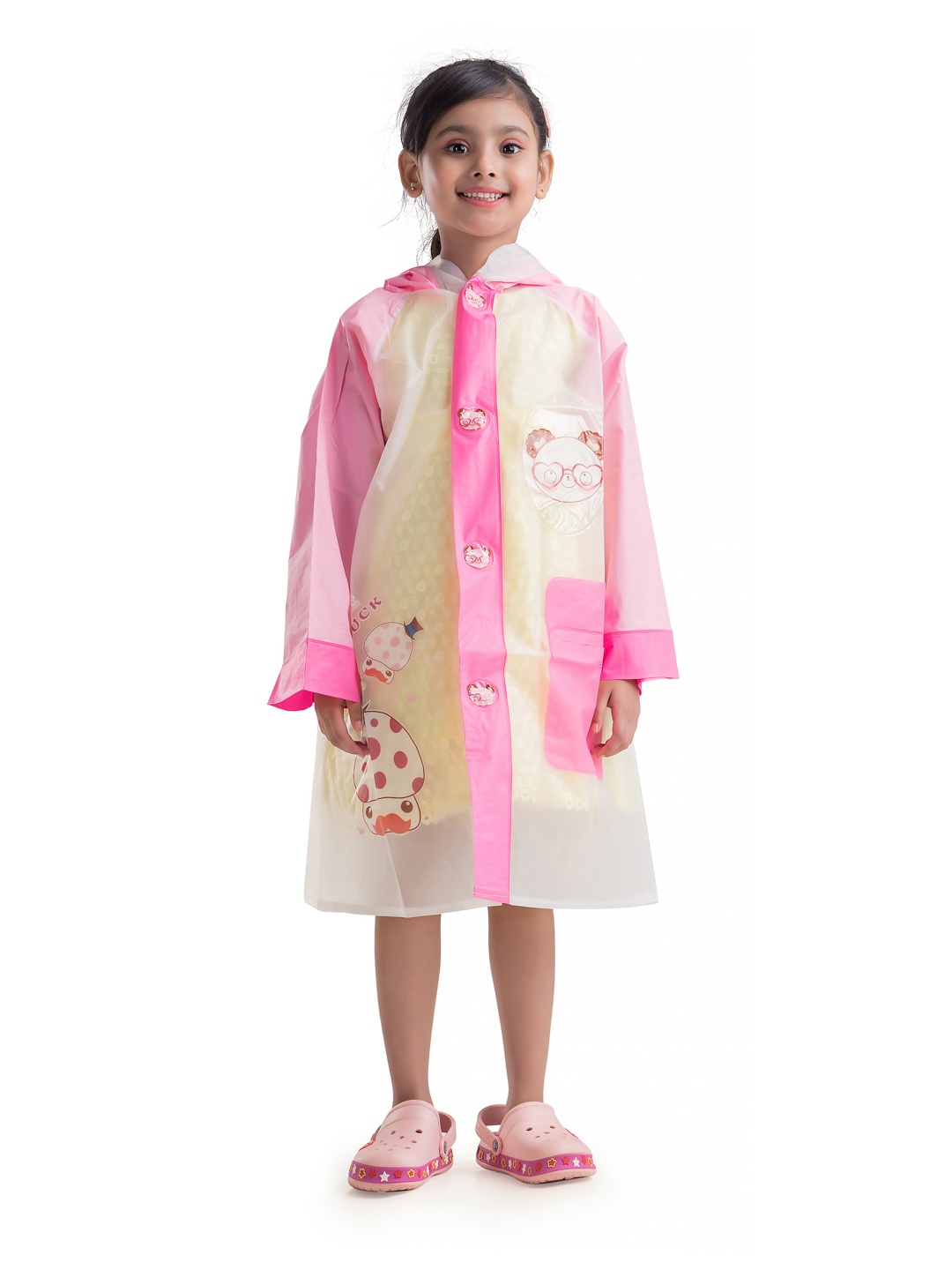 

Yellow Bee Girls Printed Hooded Rain Jacket, Pink