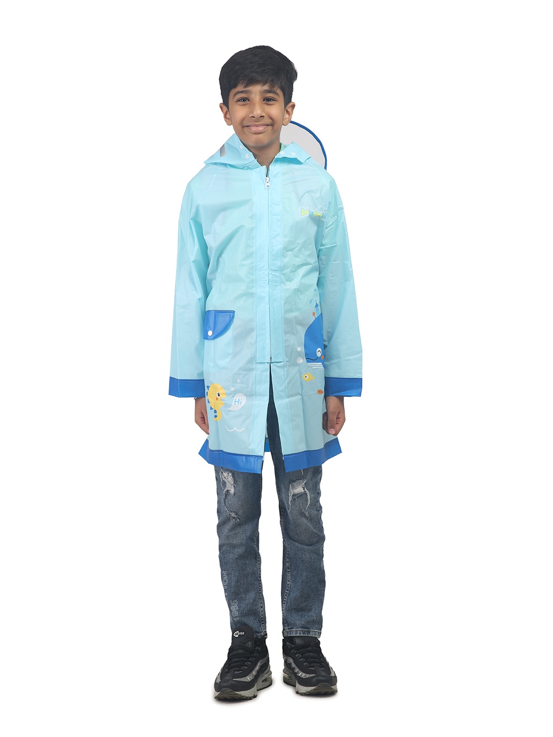 

Yellow Bee Boys Printed Hooded Rain Jacket, Blue