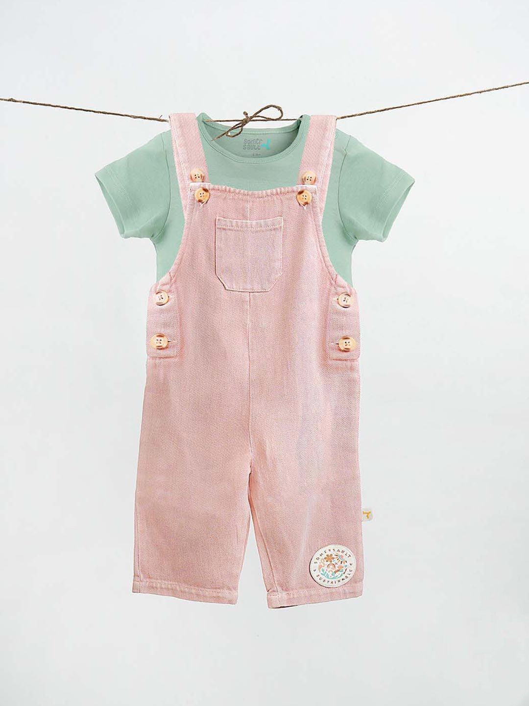 

Somersault Boys Solid Dungarees With T-Shirt, Pink