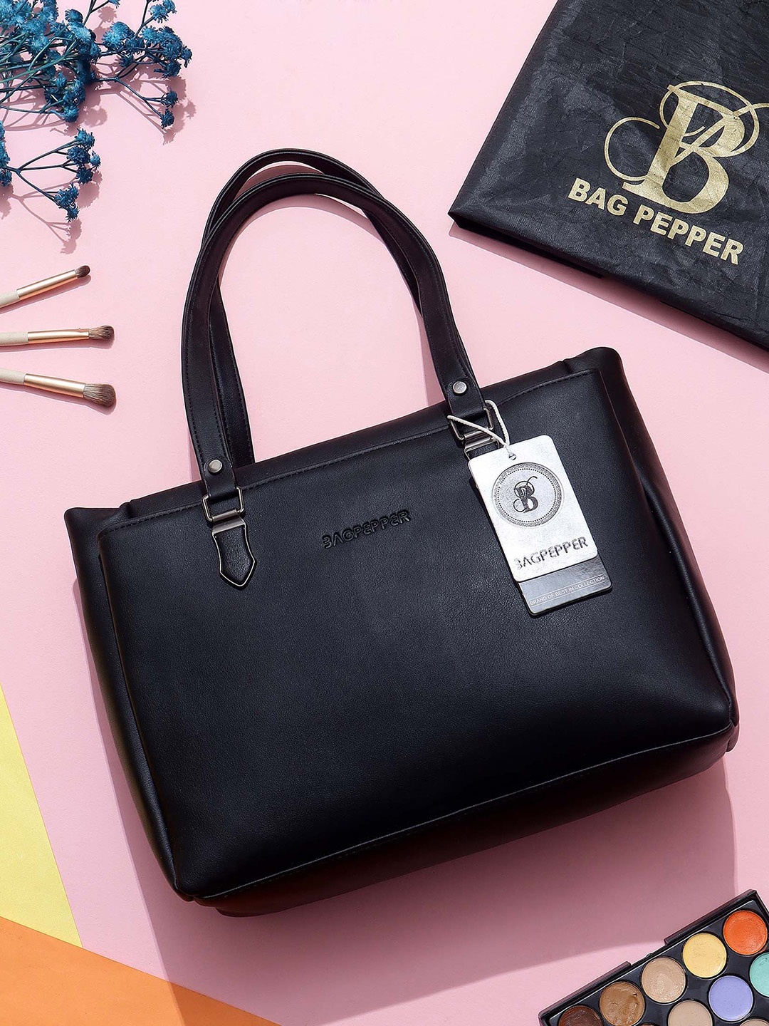 

Bag Pepper Colourblocked PU Bucket Handheld Bag with Applique, Black