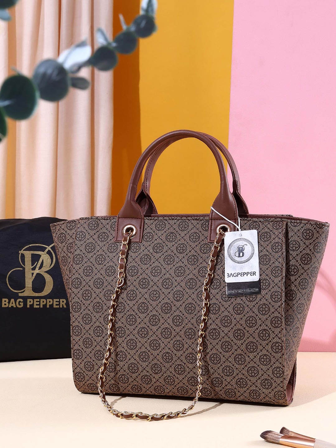 

Bag Pepper Printed PU Structured Satchel with Cut Work, Brown