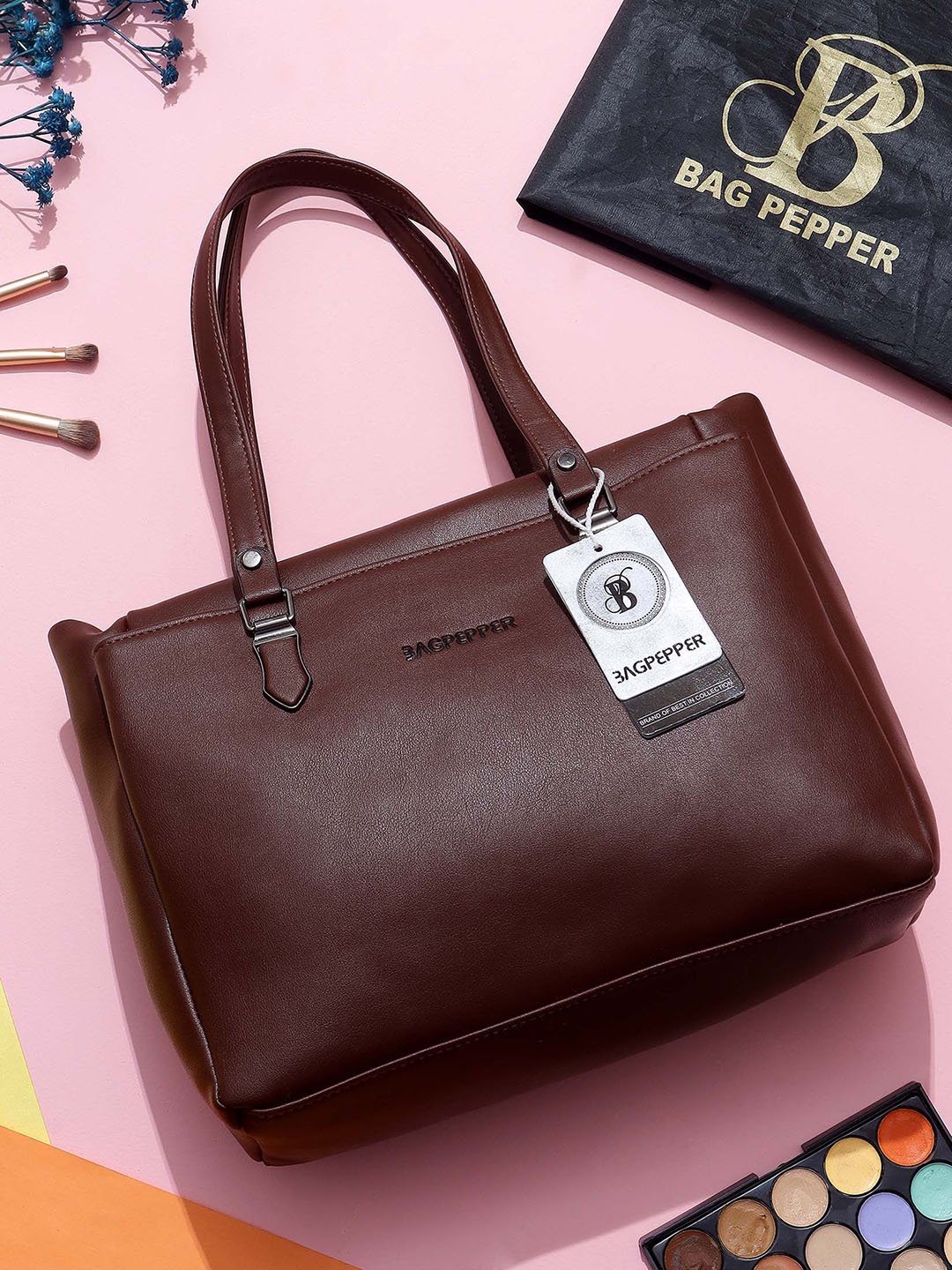 

Bag Pepper PU Bucket Handheld Bag with Applique, Brown