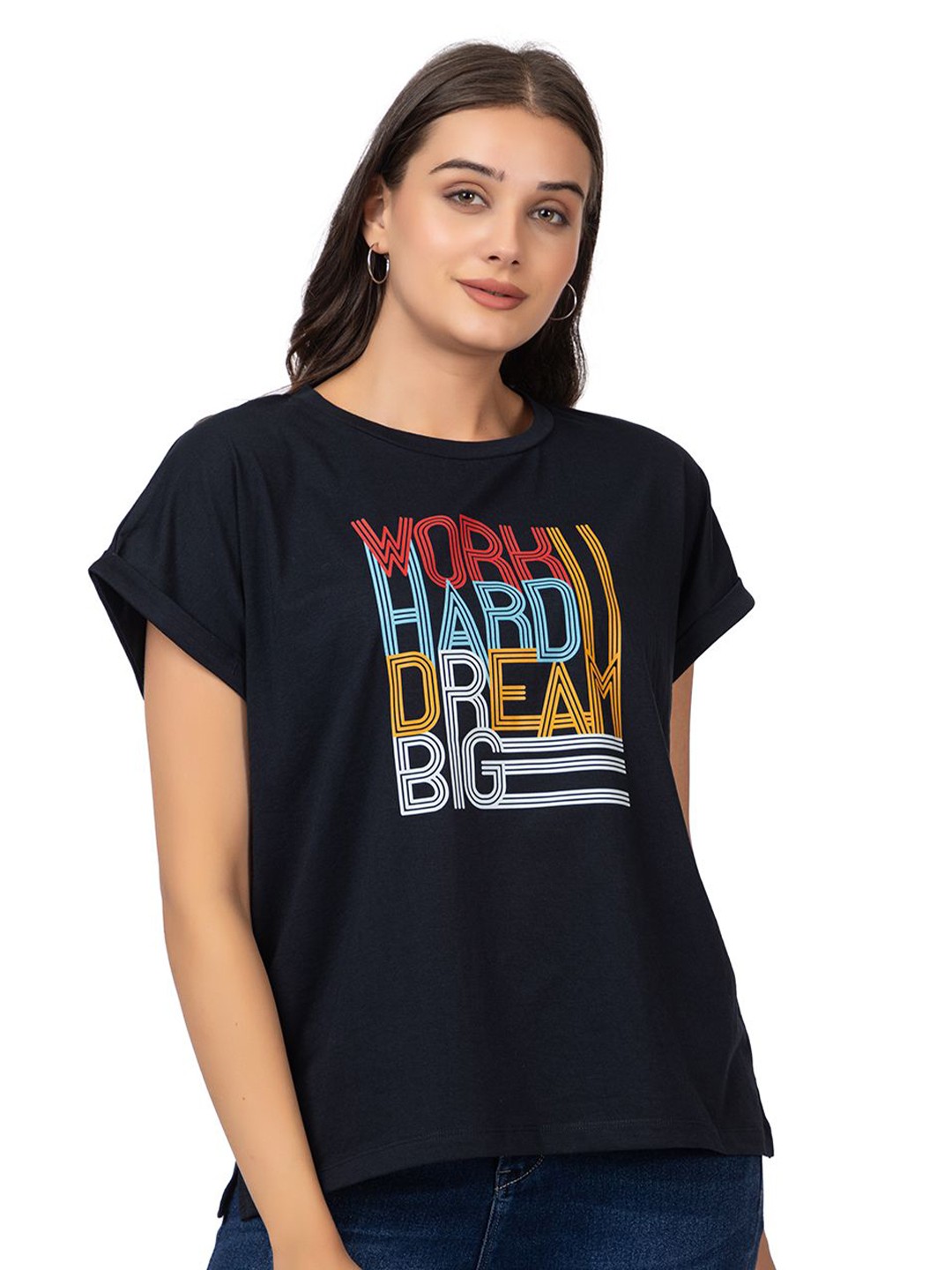 

MAZMUN Women Typography Printed Extended Sleeves T-shirt, Navy blue