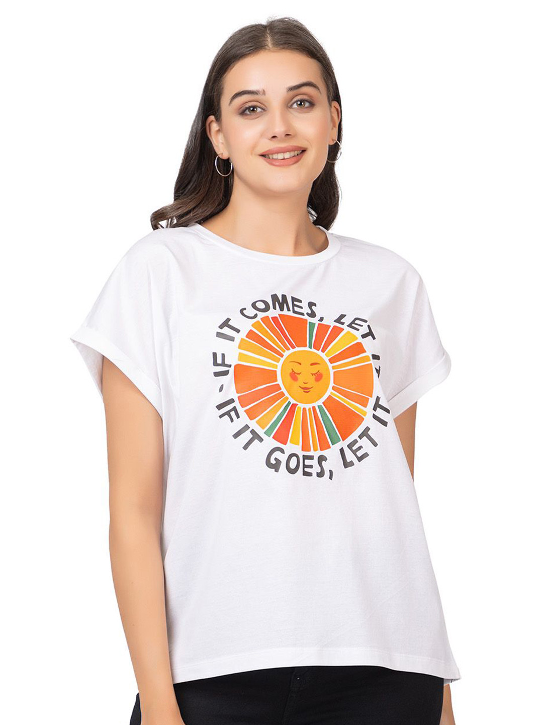 

MAZMUN Women Graphic Printed Extended Sleeves T-shirt, White