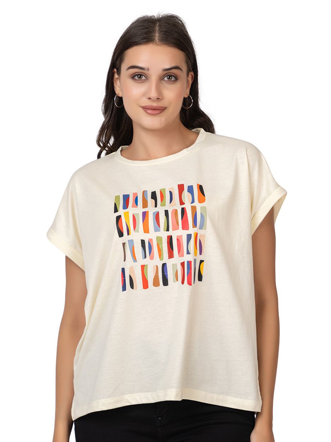 MAZMUN Women Abstract Printed Extended Sleeves T-shirt, Off white