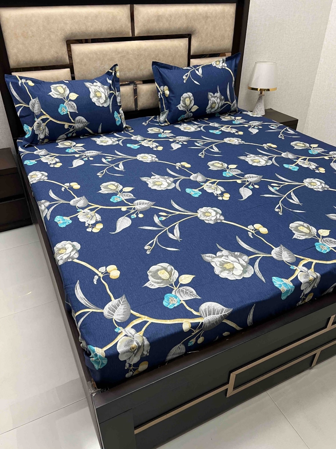 

Pure Decor Blue & Grey Floral 350 TC King Bedsheet with 2 Pillow Covers