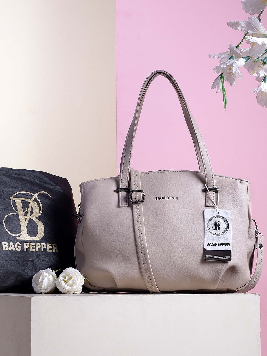 

Bag Pepper PU Shopper Shoulder Bag with Applique, Beige
