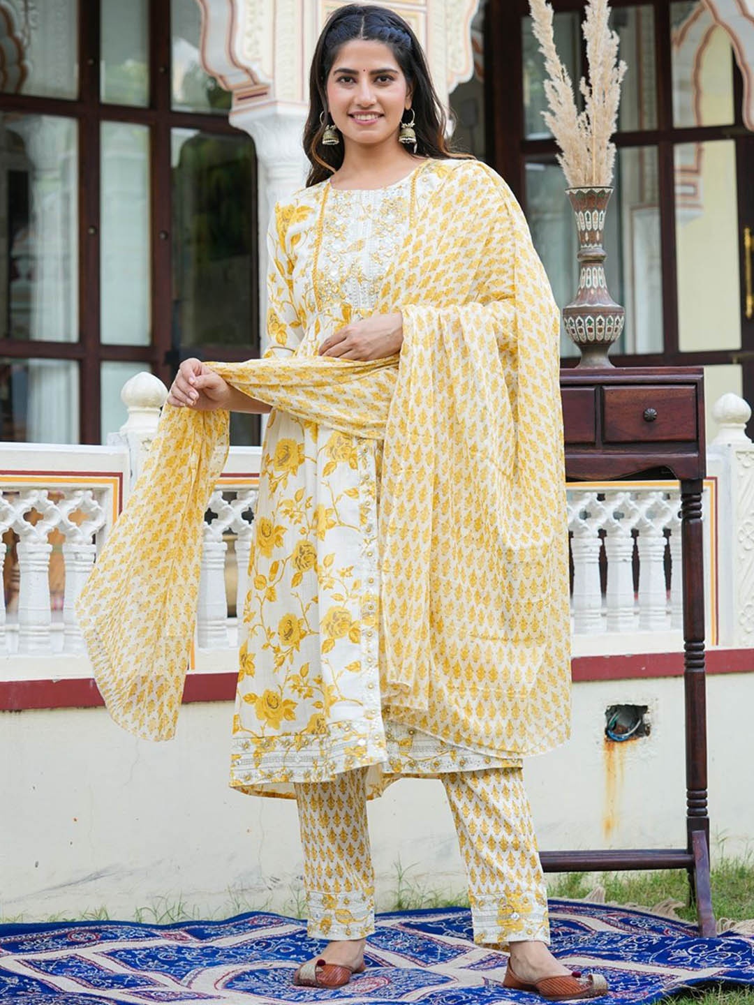 

KALINI Women Floral Printed Regular Mirror Work Kurta Trousers With Dupatta, Yellow