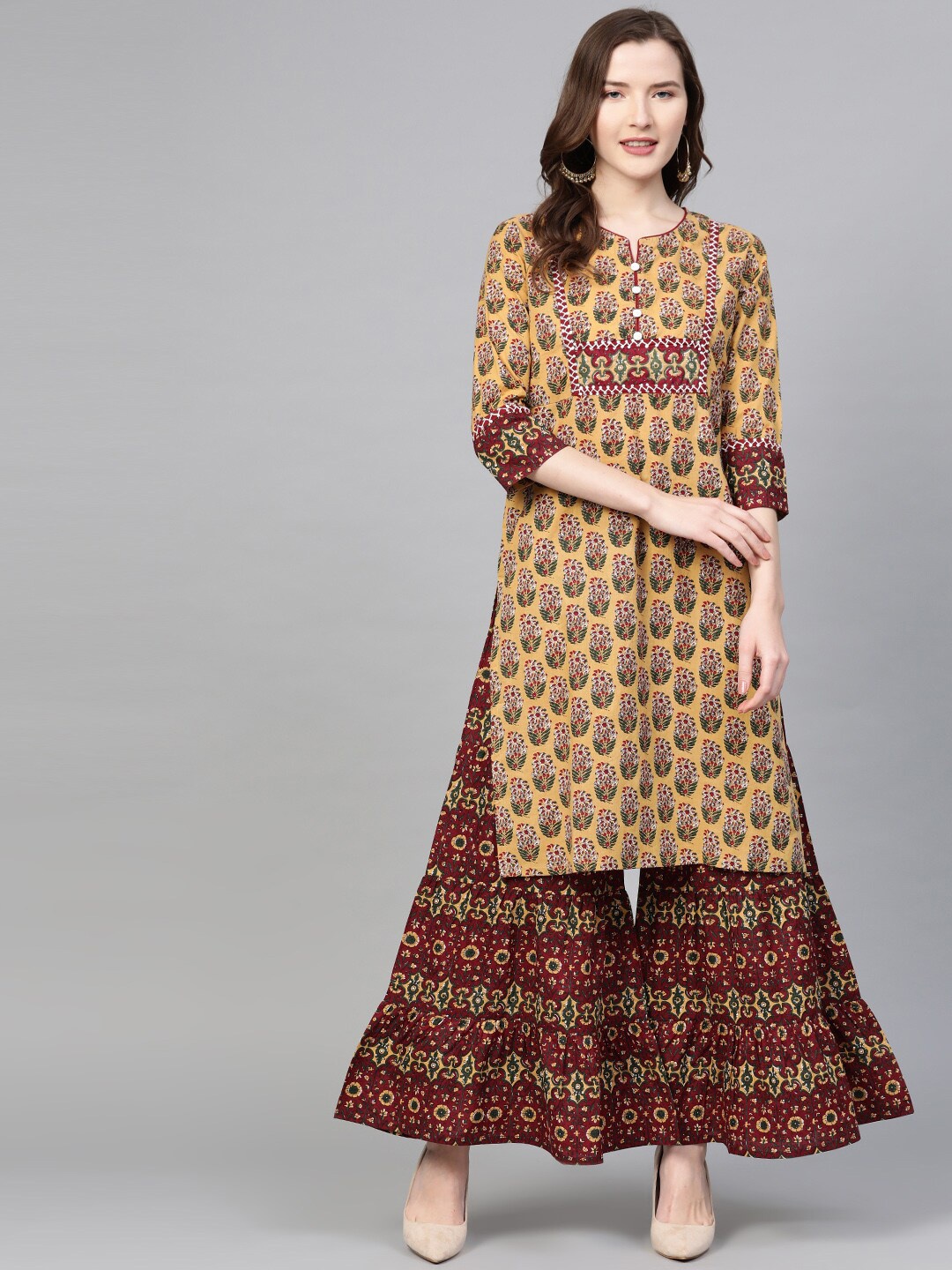 

KALINI Women Floral Printed Regular Pure Cotton Kurta with Sharara, Mustard