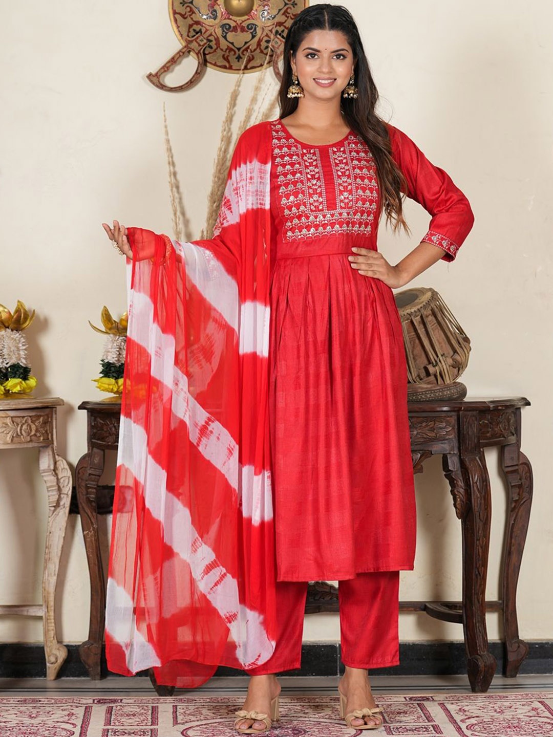 

KALINI Women Embroidered Regular Kurta with Trousers & With Dupatta, Red