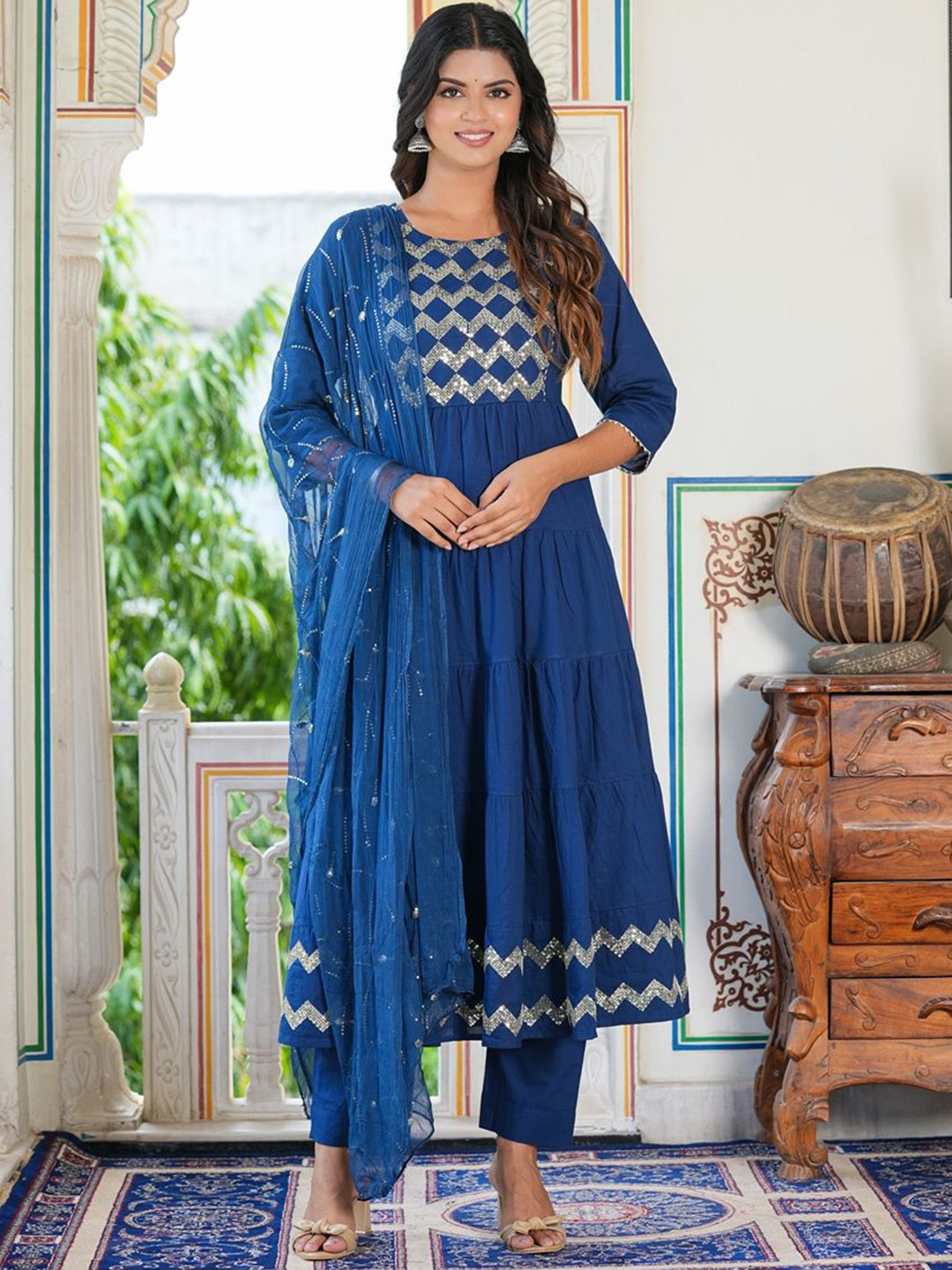 

KALINI Women Yoke Design Regular Sequinned Pure Cotton Kurta with Trousers & With Dupatta, Blue