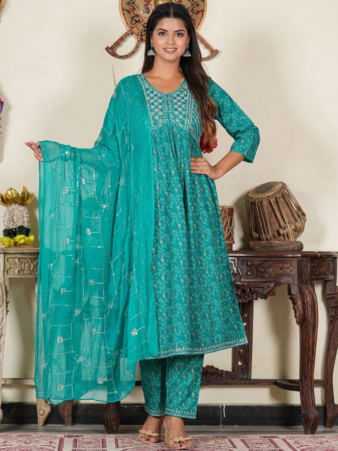 

KALINI Women Floral Printed Regular Sequinned Kurta with Trousers & With Dupatta, Green