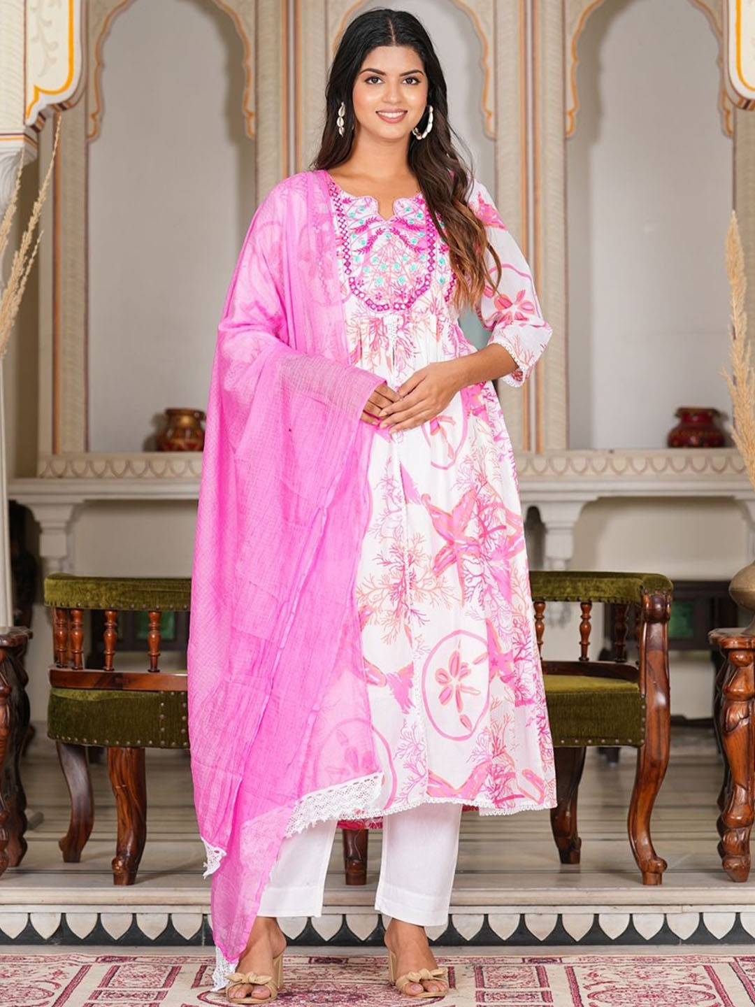

KALINI Women Floral Printed Regular Pure Cotton Kurta with Trousers & With Dupatta, Pink