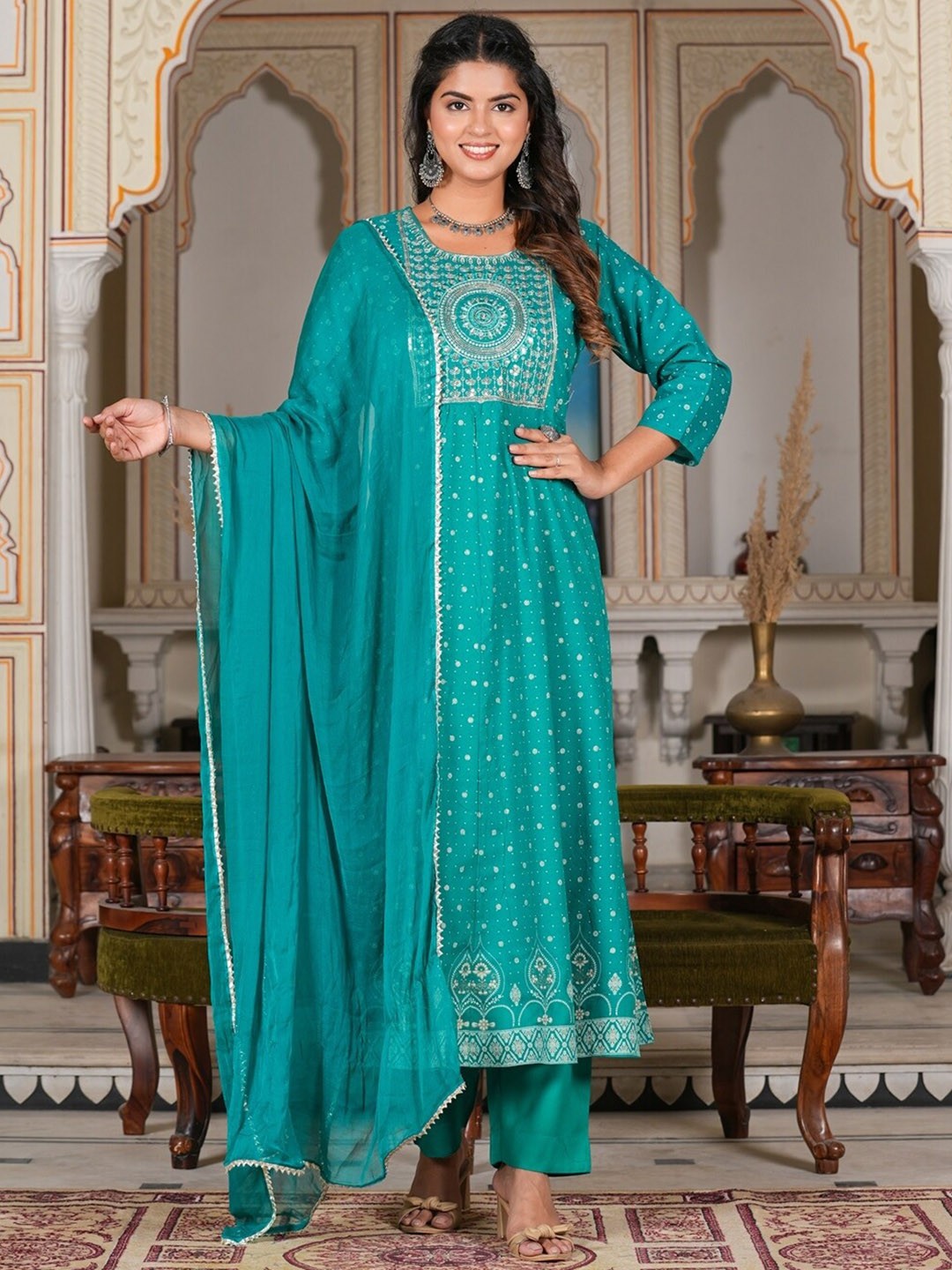 

KALINI Women Floral Printed Regular Sequinned Kurta with Trousers & With Dupatta, Green