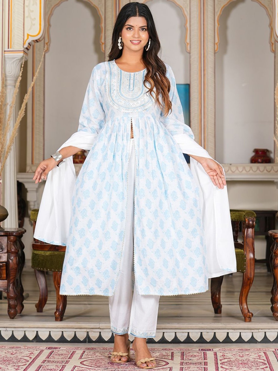 

KALINI Women Ethnic Motifs Printed Regular Pure Cotton Kurta with Trousers & Dupatta, White