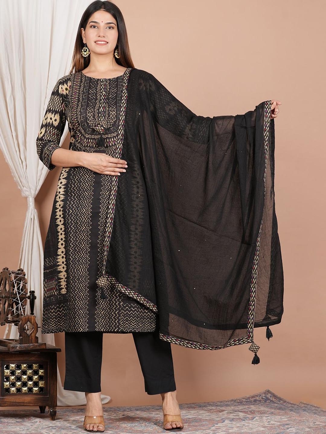 

KALINI Women Pure Cotton Ethnic Motifs Ikat Printed Regular Kurta with Trousers & Dupatta, Black