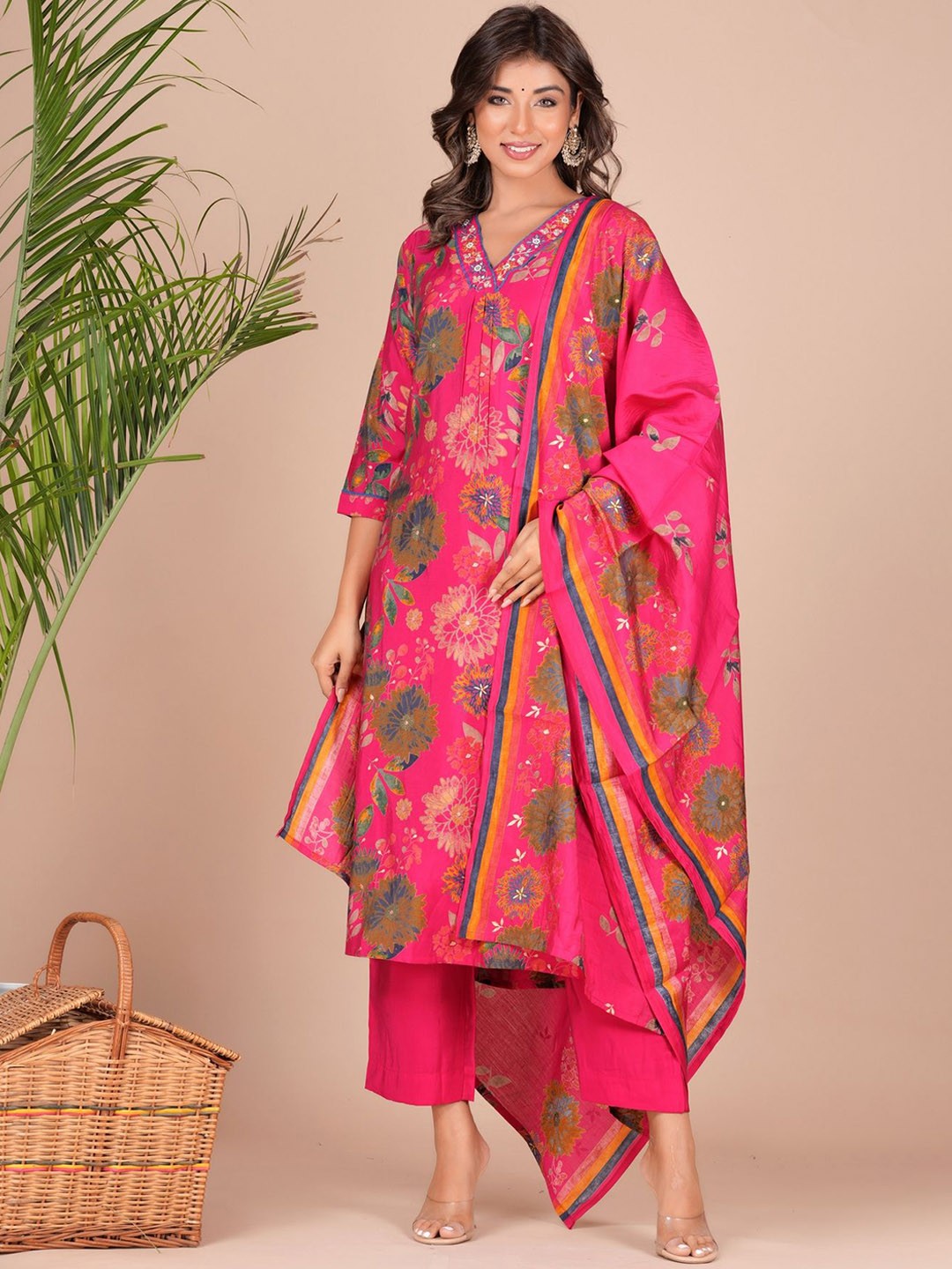 

KALINI Women Floral Printed Beads and Stones Pure Silk Kurta with Trousers & Dupatta, Pink