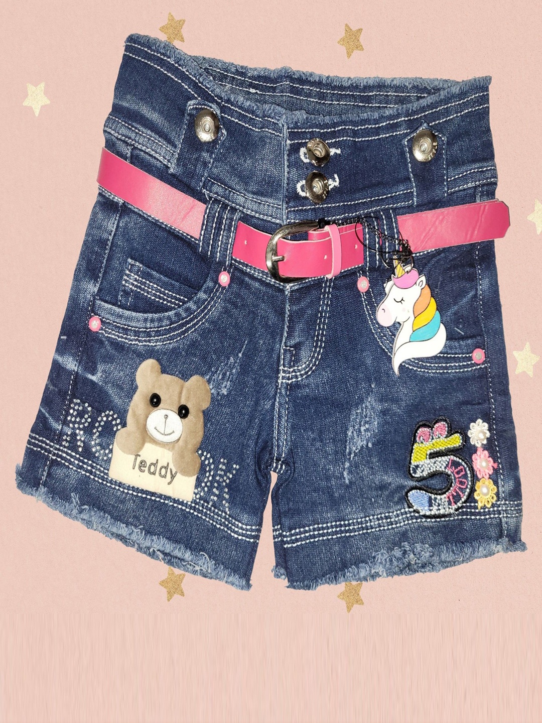 

BAESD Girls Printed Slim Fit High-Rise Denim Denim Shorts, Blue