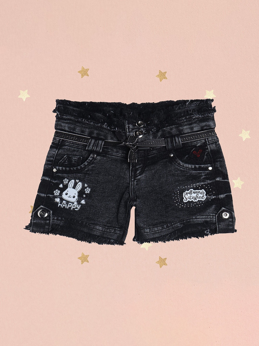 

BAESD Girls Embellished Slim Fit High-Rise Denim Denim Shorts, Black