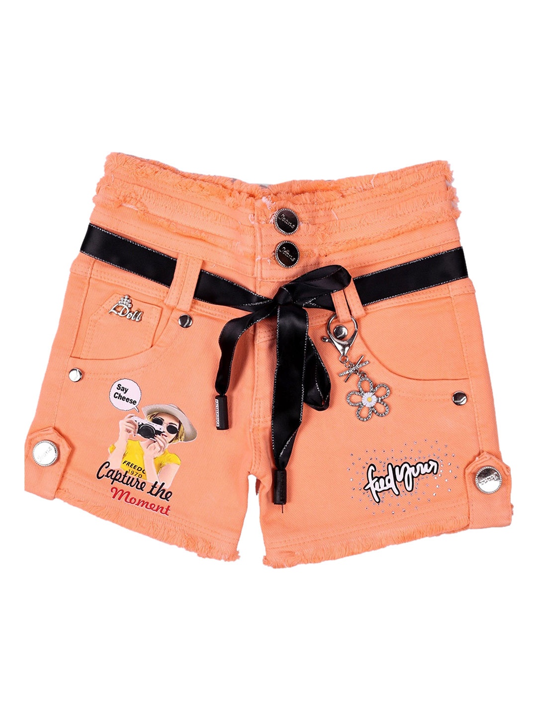 

BAESD Girls Printed Slim Fit High-Rise Denim Shorts, Orange