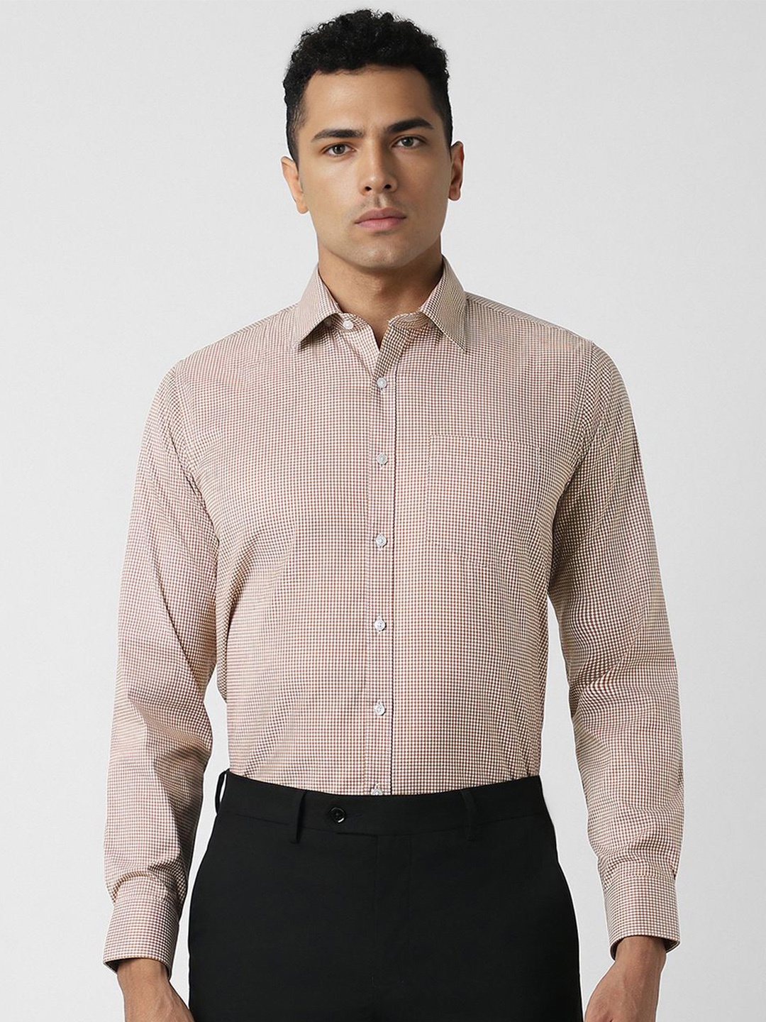 

Van Heusen Men Cotton Slim Fit Micro Checks Checked Formal Shirt, Beige