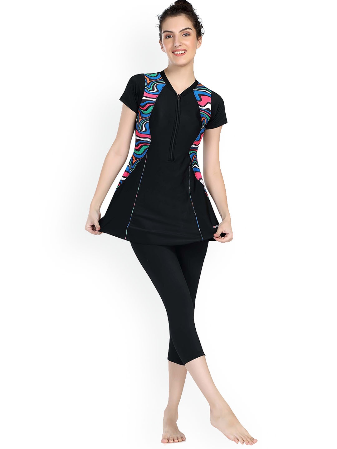

ROVARS Abstract Printed A-Line Swimming Dress, Black