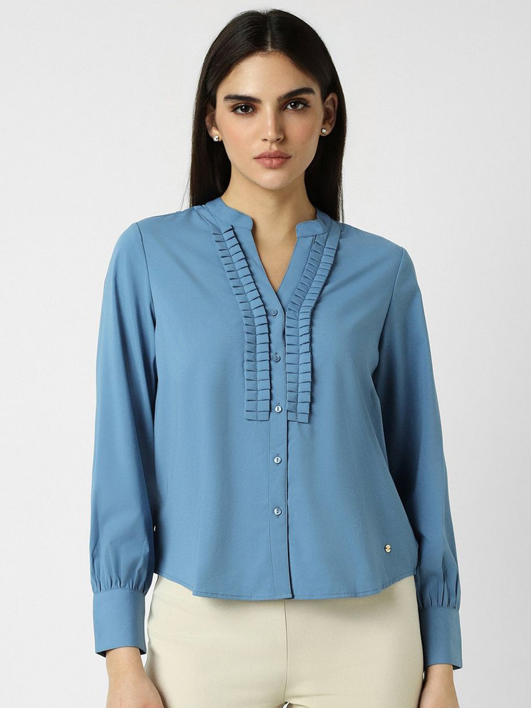 

Van Heusen Woman Women Mandarin Collar Long Sleeves Shirt, Blue