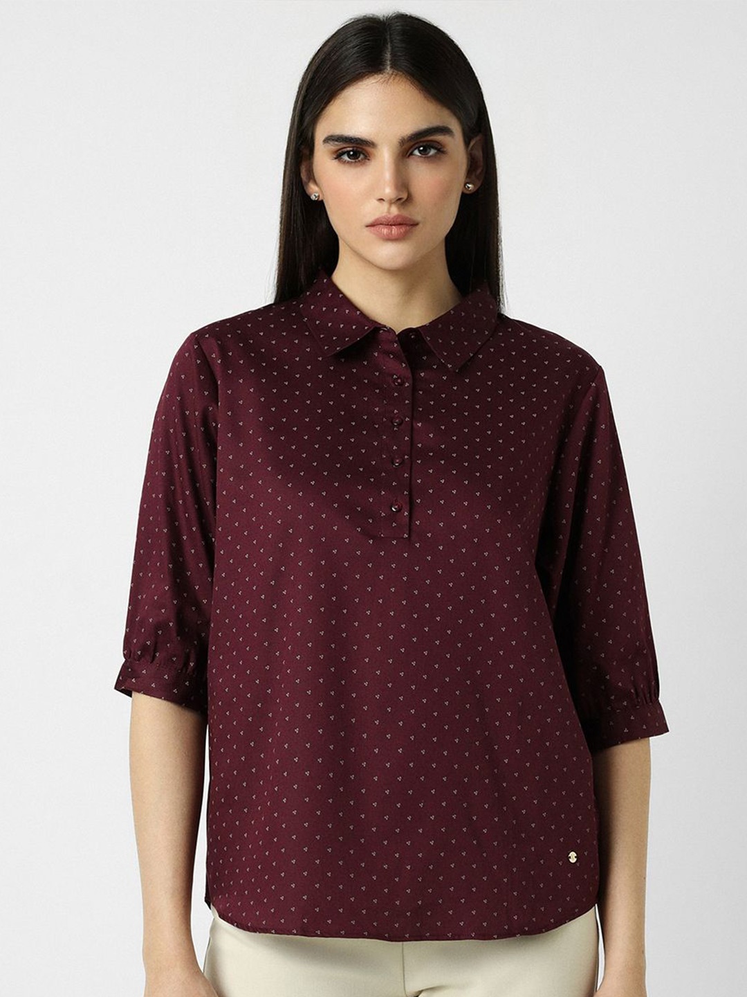 

Van Heusen Woman Women Spread Collar Printed Formal Shirt, Maroon