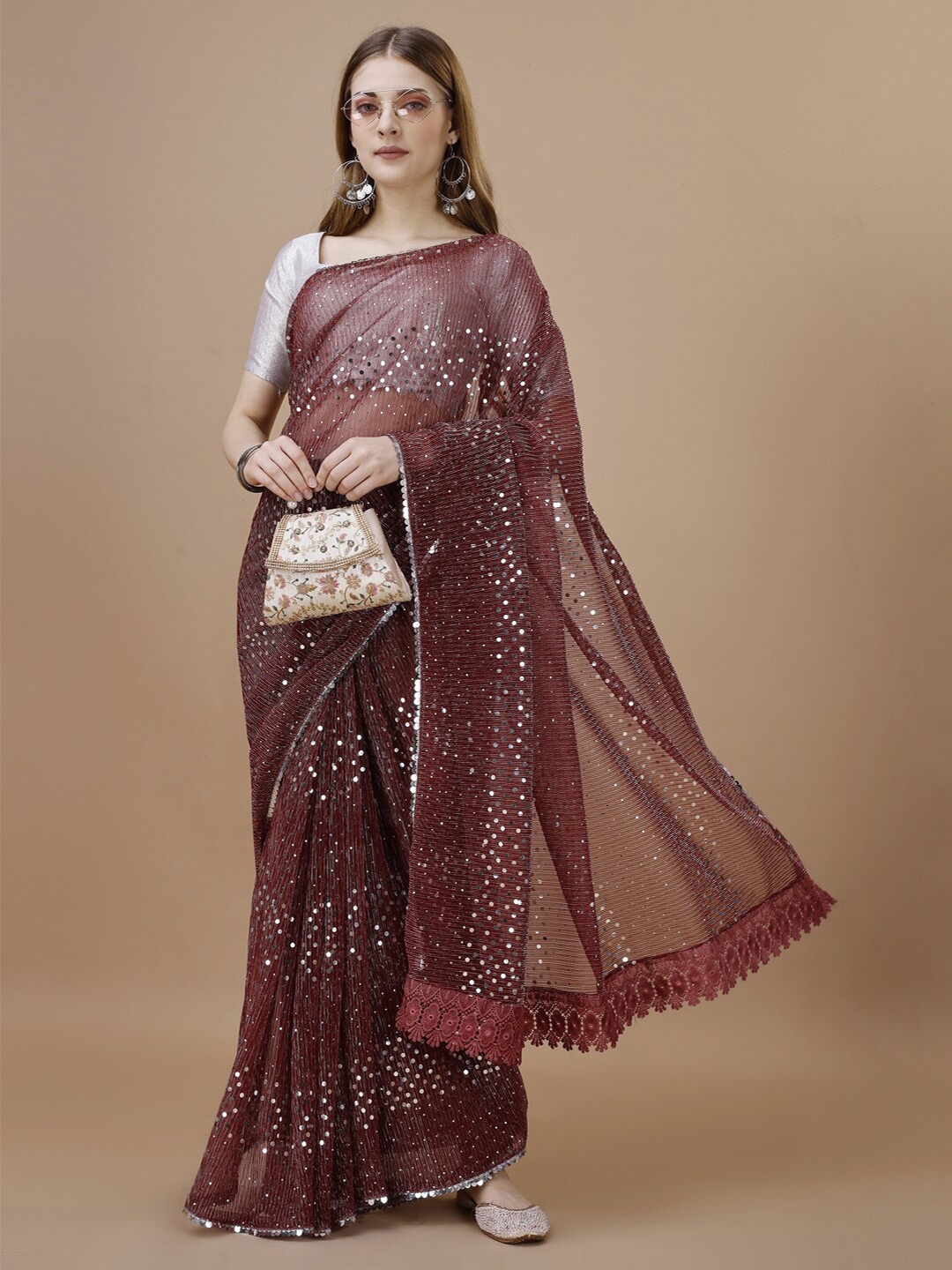 

VIJAYA VALLABH Embellished Net Saree, Maroon